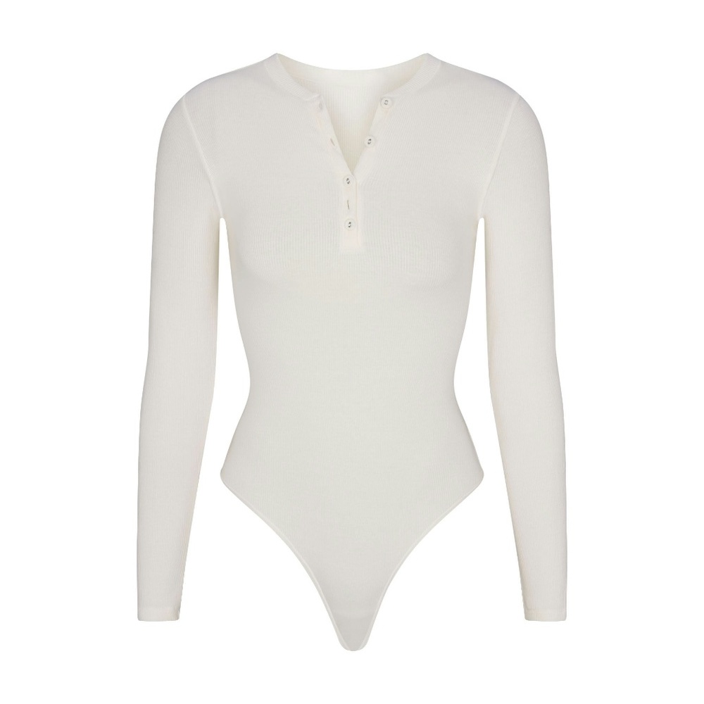 Skims Marble Cotton Rib LONG SLEEVE HENLEY BODYSUIT Size Medium